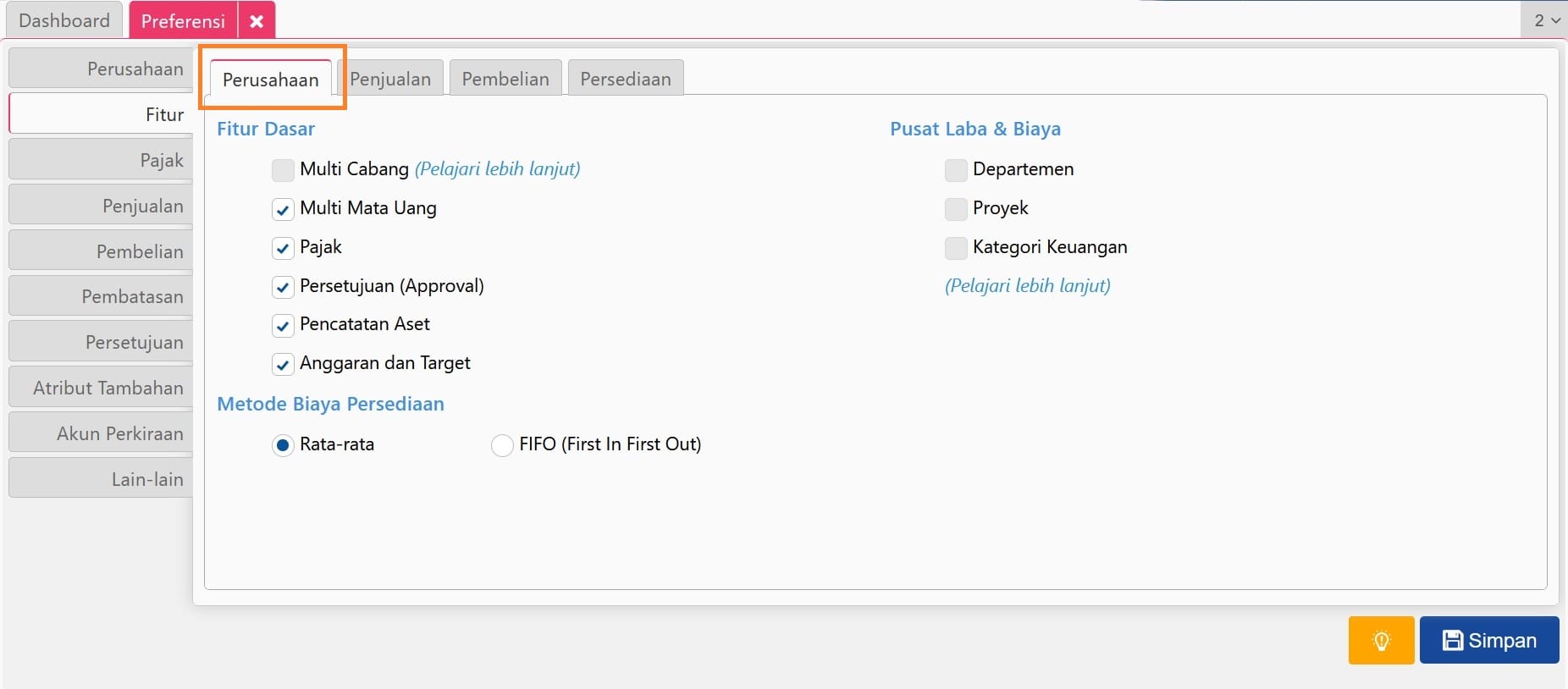 Preferensi Fitur Terbaru Accurate Online 2